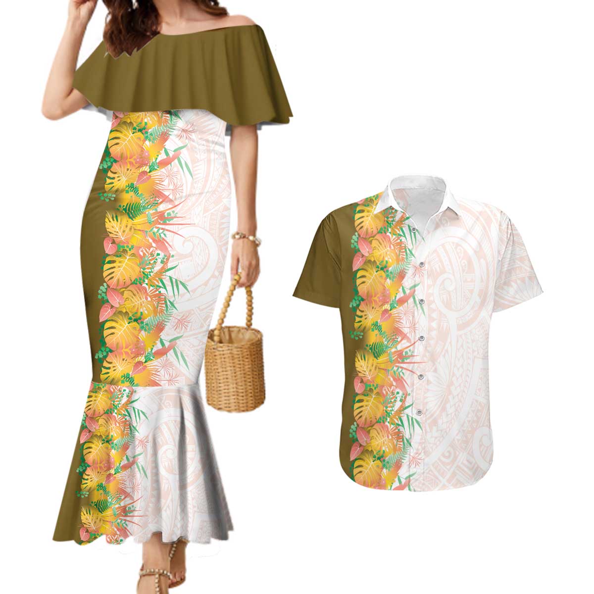 Hawaii Tropical Plant Lenalena Couples Matching Mermaid Dress and Hawaiian Shirt Vibrant Polynesian Pattern