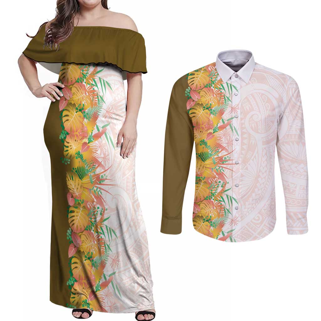 Hawaii Tropical Plant Lenalena Couples Matching Off Shoulder Maxi Dress and Long Sleeve Button Shirt Vibrant Polynesian Pattern