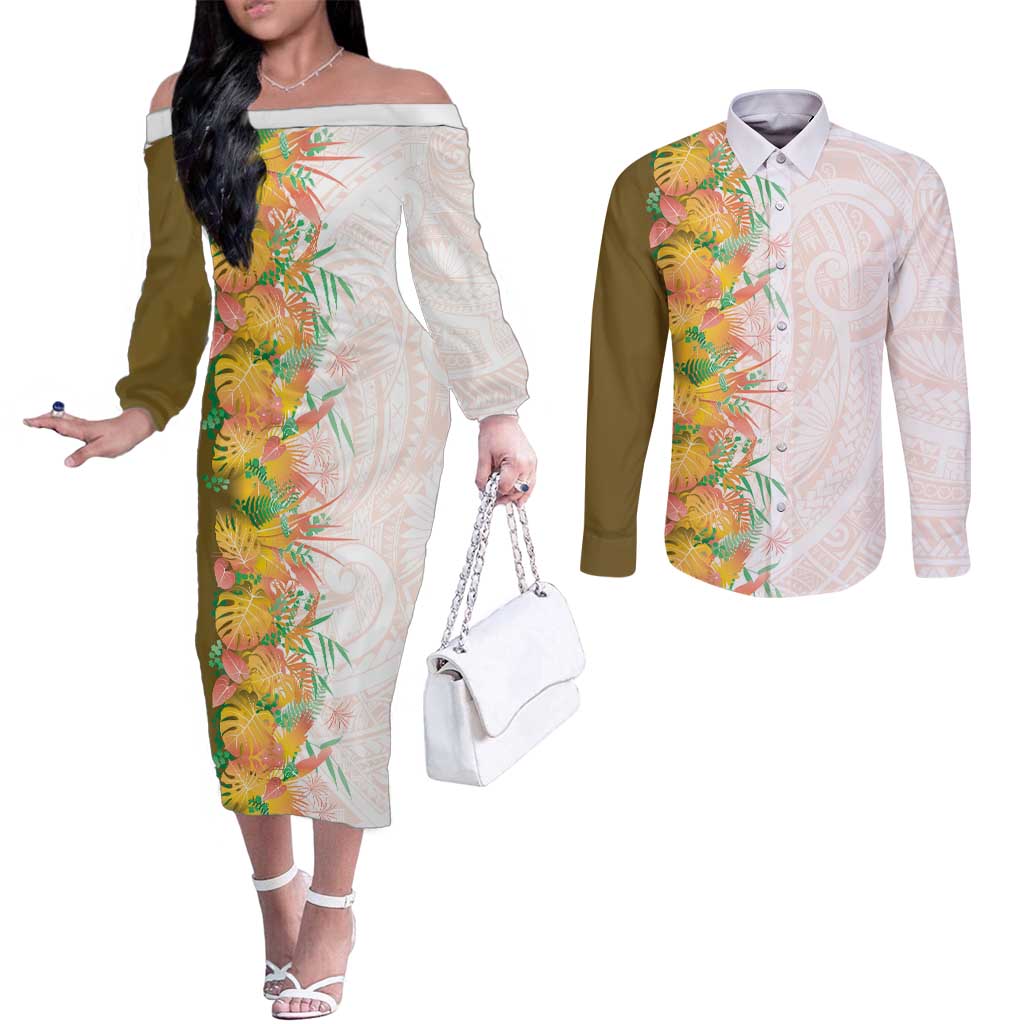 Hawaii Tropical Plant Lenalena Couples Matching Off The Shoulder Long Sleeve Dress and Long Sleeve Button Shirt Vibrant Polynesian Pattern