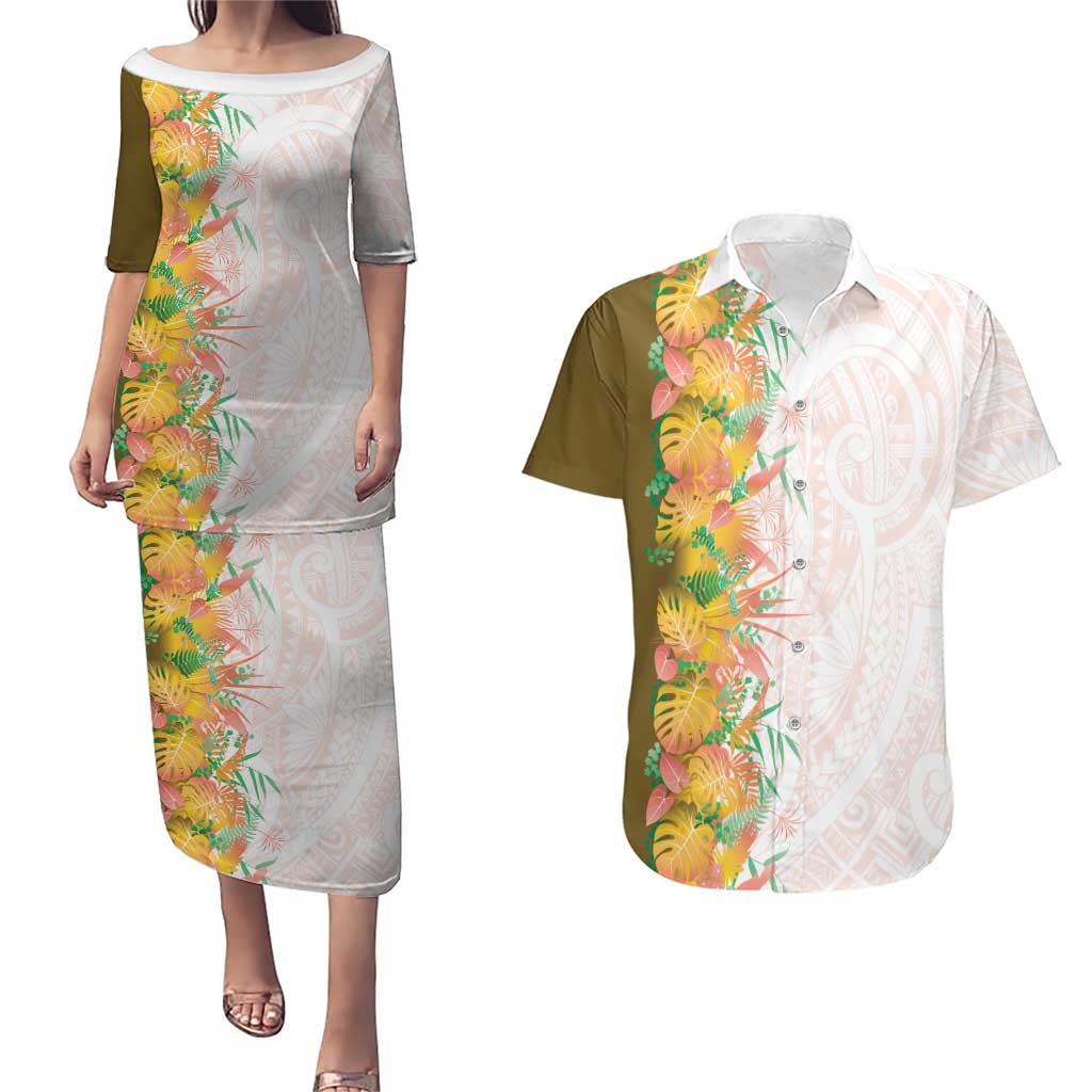 Hawaii Tropical Plant Lenalena Couples Matching Puletasi and Hawaiian Shirt Vibrant Polynesian Pattern