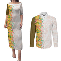 Hawaii Tropical Plant Lenalena Couples Matching Puletasi and Long Sleeve Button Shirt Vibrant Polynesian Pattern