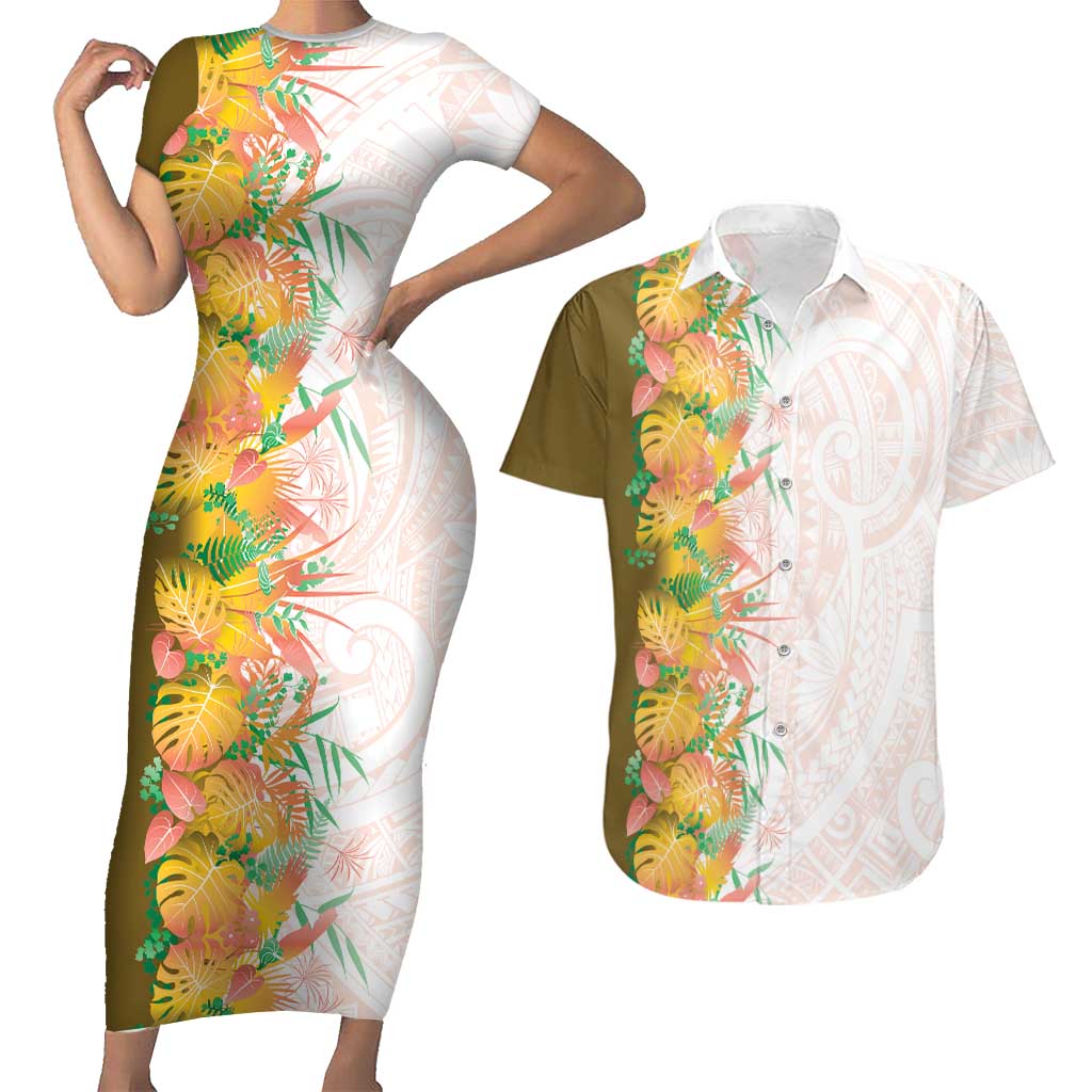 Hawaii Tropical Plant Lenalena Couples Matching Short Sleeve Bodycon Dress and Hawaiian Shirt Vibrant Polynesian Pattern