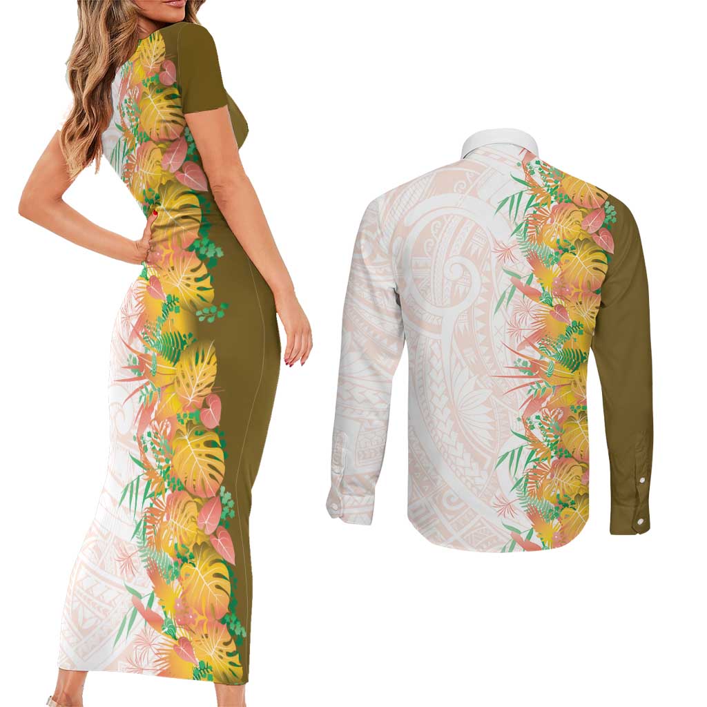 Hawaii Tropical Plant Lenalena Couples Matching Short Sleeve Bodycon Dress and Long Sleeve Button Shirt Vibrant Polynesian Pattern