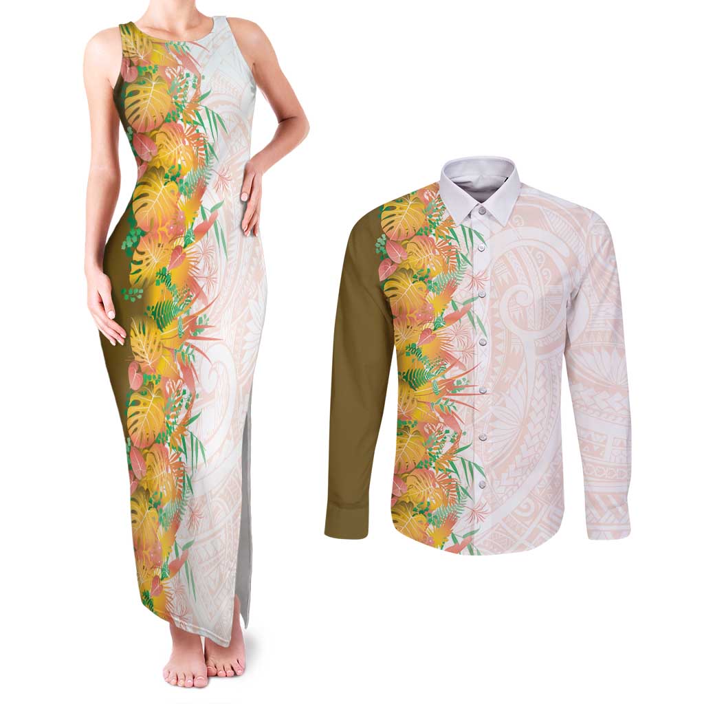 Hawaii Tropical Plant Lenalena Couples Matching Tank Maxi Dress and Long Sleeve Button Shirt Vibrant Polynesian Pattern