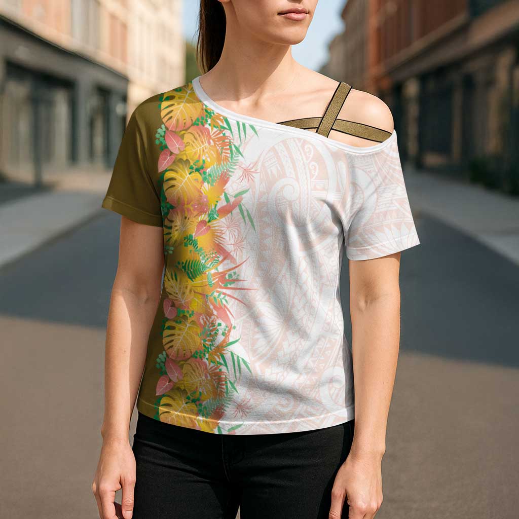 Hawaii Tropical Plant Lenalena Cross Shoulder Shirt Vibrant Polynesian Pattern