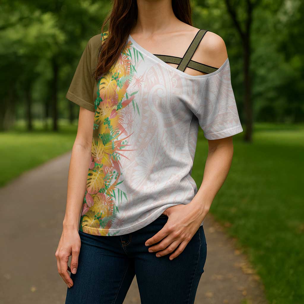 Hawaii Tropical Plant Lenalena Cross Shoulder Shirt Vibrant Polynesian Pattern