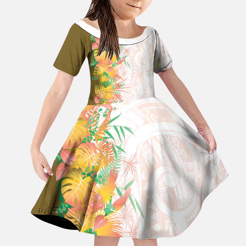 Hawaii Tropical Plant Lenalena Family Matching Long Sleeve Bodycon Dress and Hawaiian Shirt Vibrant Polynesian Pattern LT01 Daughter's Dress Yellow - Polynesian Pride