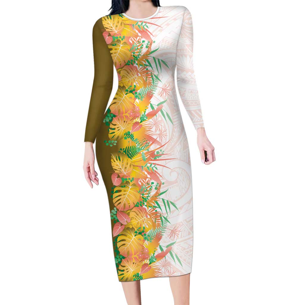 Hawaii Tropical Plant Lenalena Family Matching Long Sleeve Bodycon Dress and Hawaiian Shirt Vibrant Polynesian Pattern LT01 Mom's Dress Yellow - Polynesian Pride