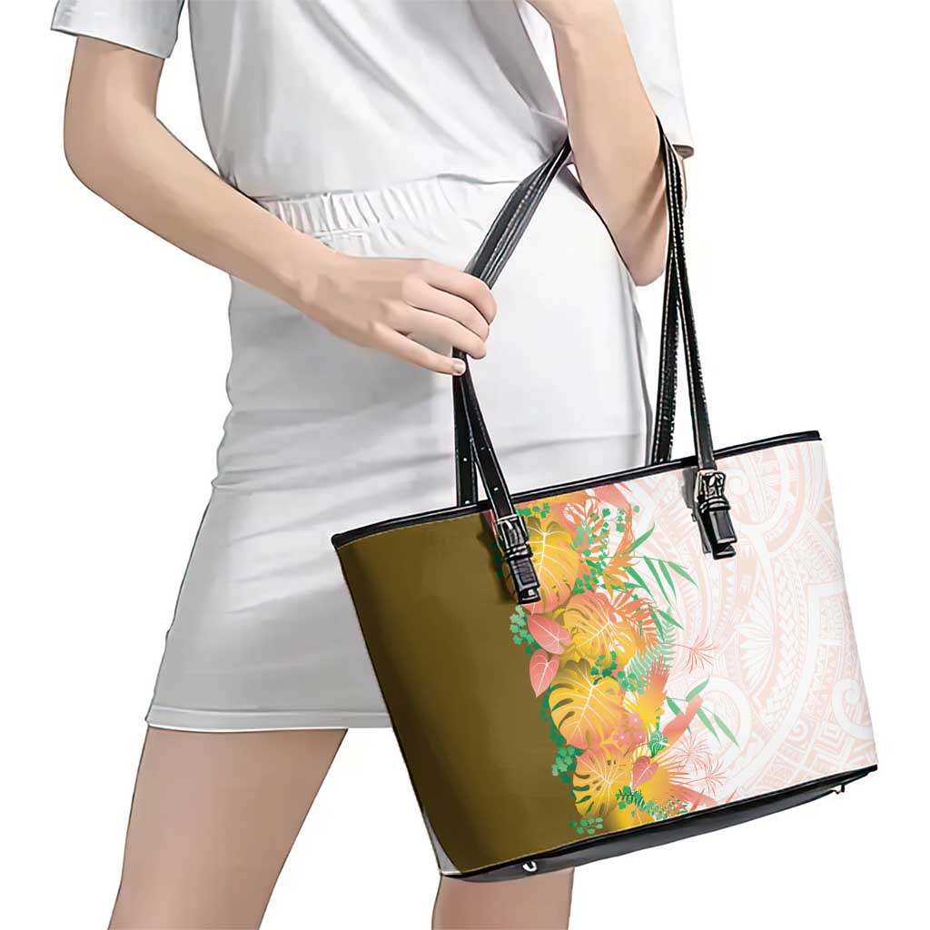 Hawaii Tropical Plant Lenalena Leather Tote Bag Vibrant Polynesian Pattern