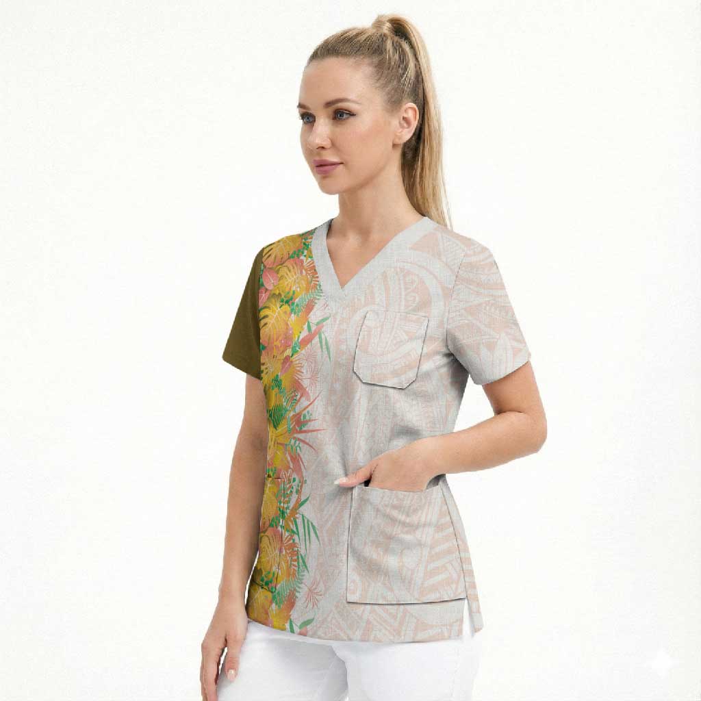 Hawaii Tropical Plant Lenalena Scrub Top Vibrant Polynesian Pattern
