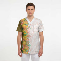 Hawaii Tropical Plant Lenalena Scrub Top Vibrant Polynesian Pattern
