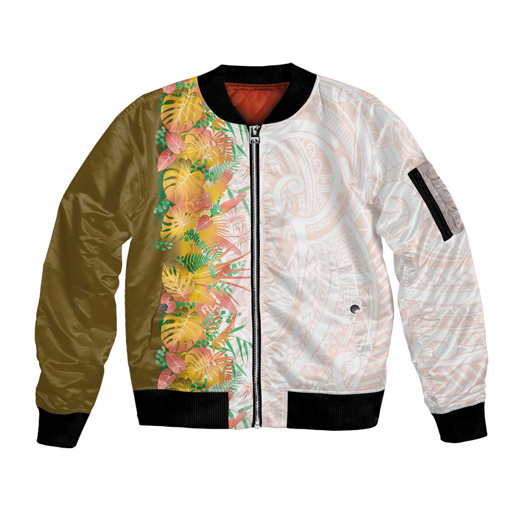 Hawaii Tropical Plant Lenalena Sleeve Zip Bomber Jacket Vibrant Polynesian Pattern