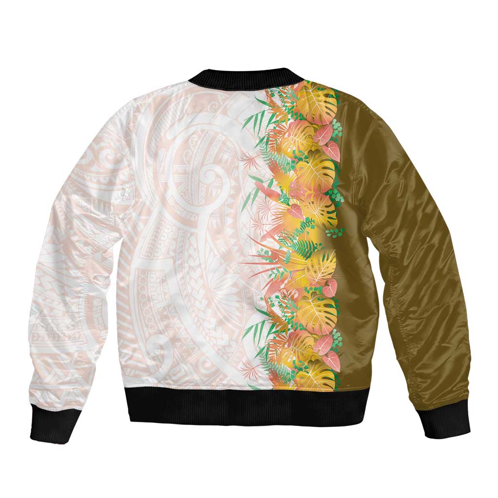 Hawaii Tropical Plant Lenalena Sleeve Zip Bomber Jacket Vibrant Polynesian Pattern