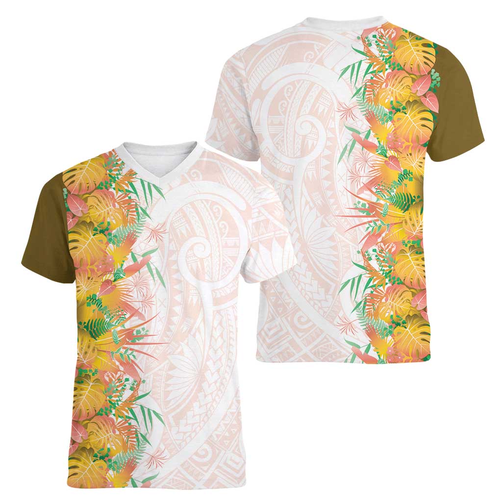 Hawaii Tropical Plant Lenalena Women V-Neck T-Shirt Vibrant Polynesian Pattern