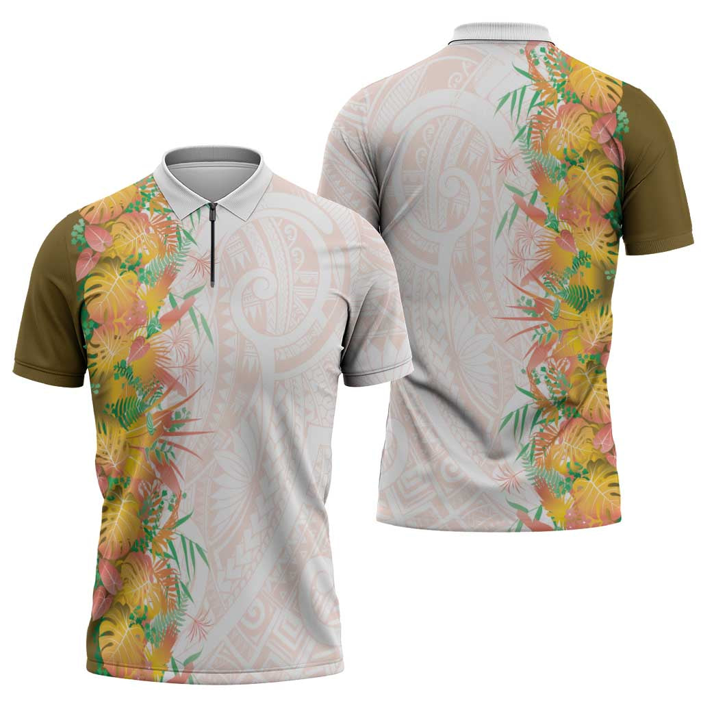 Hawaii Tropical Plant Lenalena Zipper Polo Shirt Vibrant Polynesian Pattern