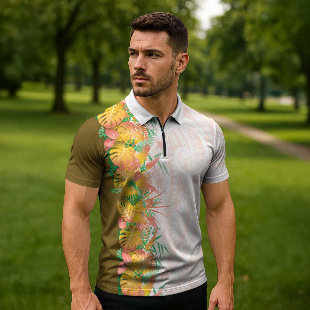Hawaii Tropical Plant Lenalena Zipper Polo Shirt Vibrant Polynesian Pattern