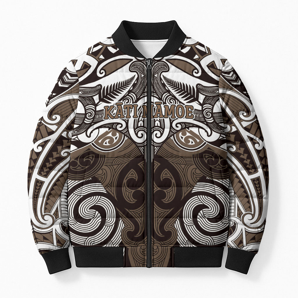 Personalised Maori Kati Mamoe Bomber Puffer Jacket Silver Fern Kowhaiwhai Art