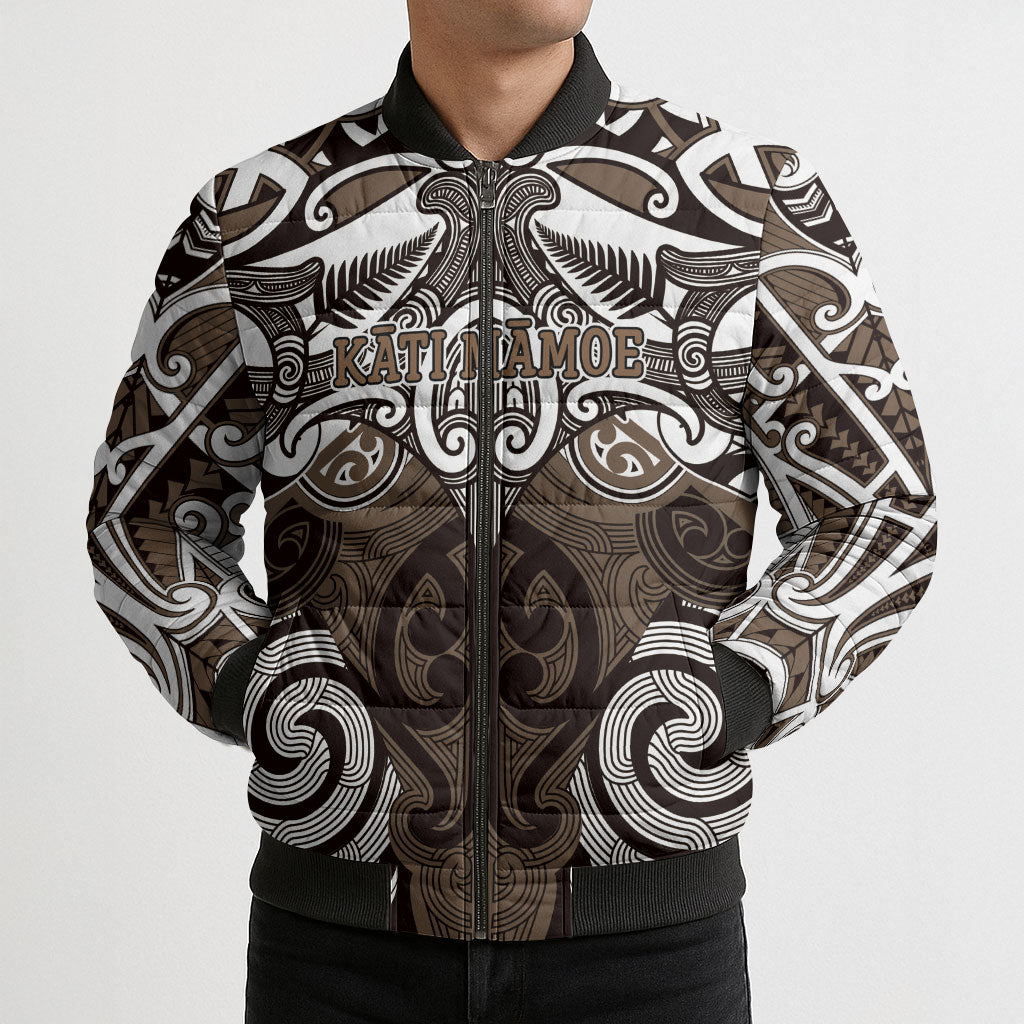 Personalised Maori Kati Mamoe Bomber Puffer Jacket Silver Fern Kowhaiwhai Art