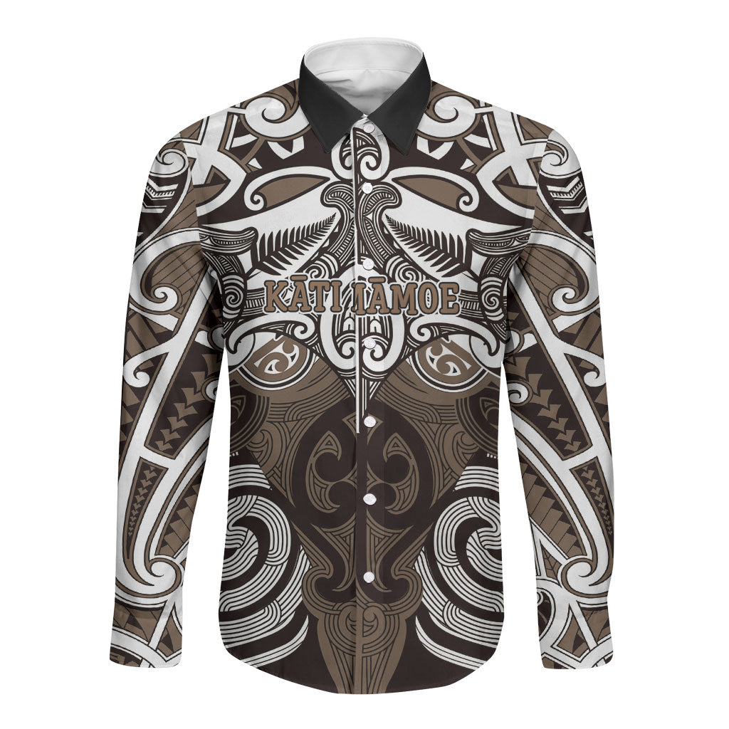 Personalised Maori Kati Mamoe Long Sleeve Button Shirt Silver Fern Kowhaiwhai Art LT01 Unisex Brown - Polynesian Pride