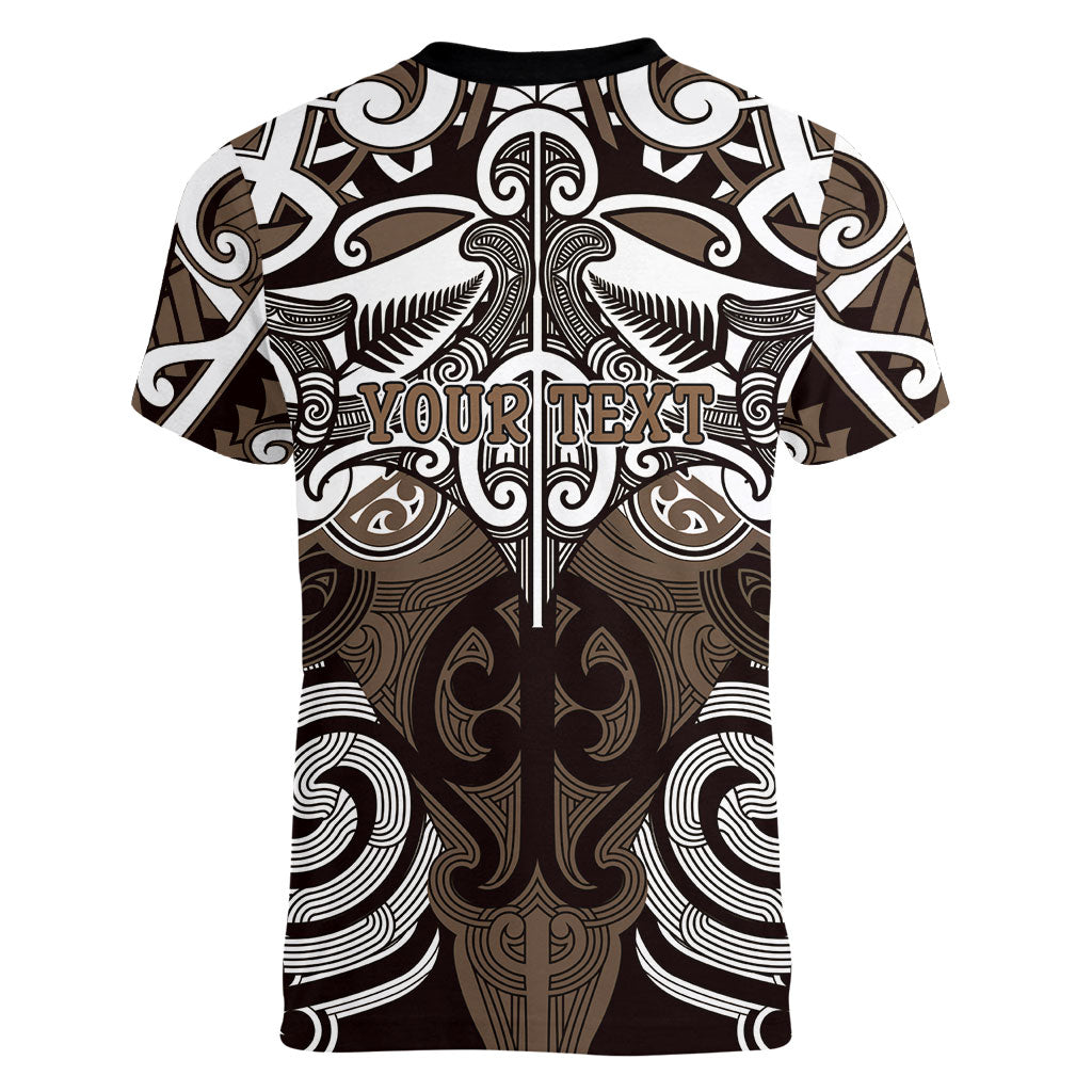 Personalised Maori Kati Mamoe Women V-Neck T-Shirt Silver Fern Kowhaiwhai Art