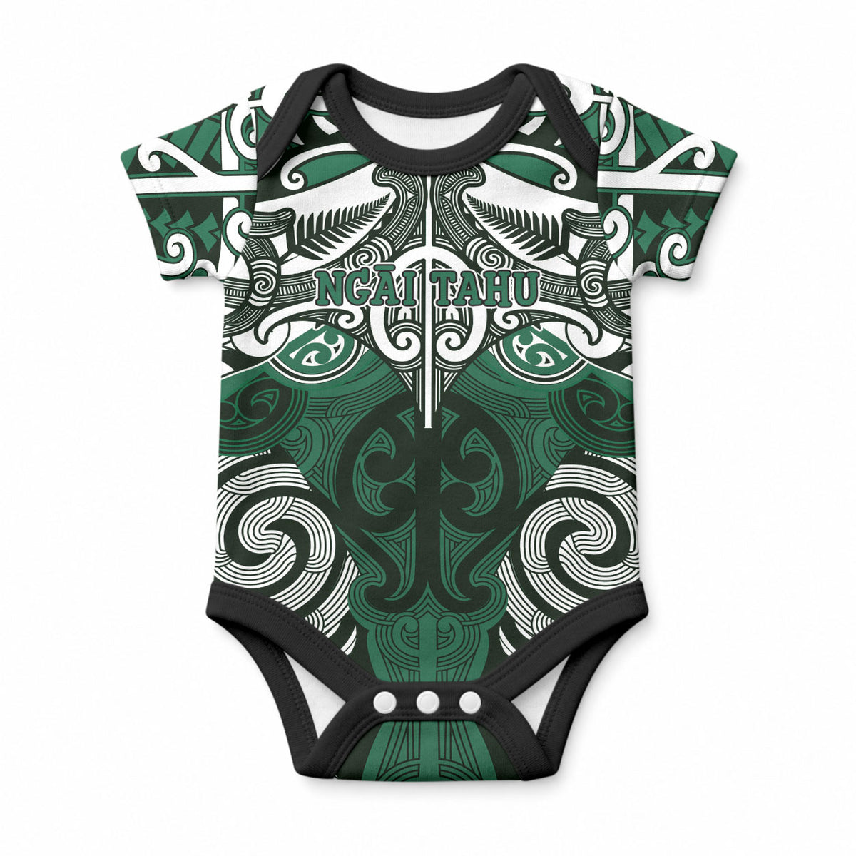Personalised Maori Ngai Tahu Baby Onesie Silver Fern Kowhaiwhai Art