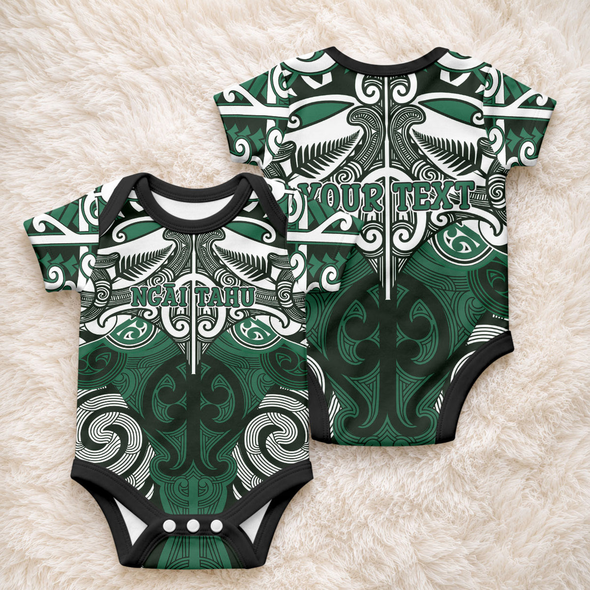 Personalised Maori Ngai Tahu Baby Onesie Silver Fern Kowhaiwhai Art