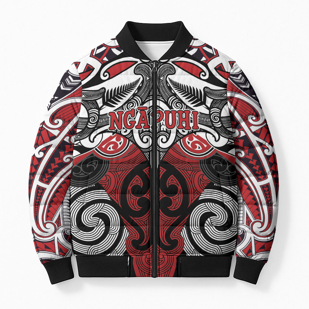 Personalised Maori Ngapuhi Bomber Puffer Jacket Silver Fern Kowhaiwhai Art