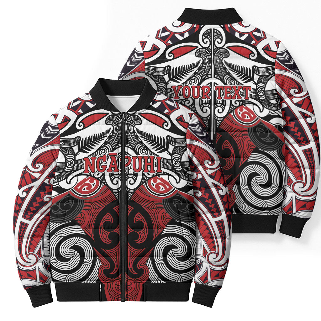 Personalised Maori Ngapuhi Bomber Puffer Jacket Silver Fern Kowhaiwhai Art
