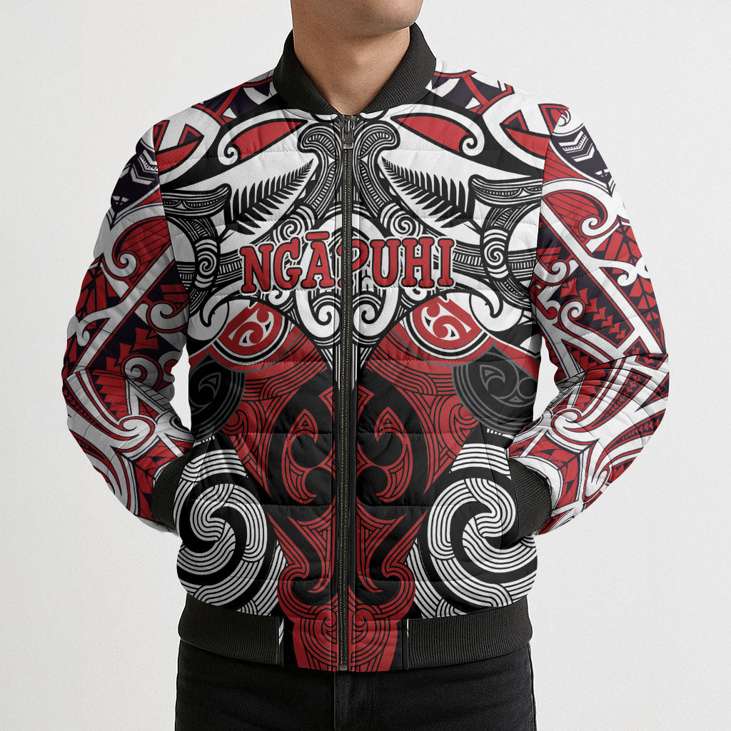 Personalised Maori Ngapuhi Bomber Puffer Jacket Silver Fern Kowhaiwhai Art