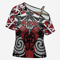 Personalised Maori Ngapuhi Cross Shoulder Shirt Silver Fern Kowhaiwhai Art LT01 Female Red - Polynesian Pride