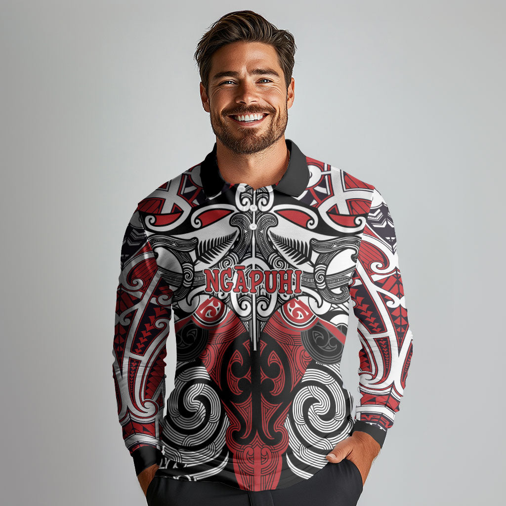 Personalised Maori Ngapuhi Long Sleeve Polo Shirt Silver Fern Kowhaiwhai Art