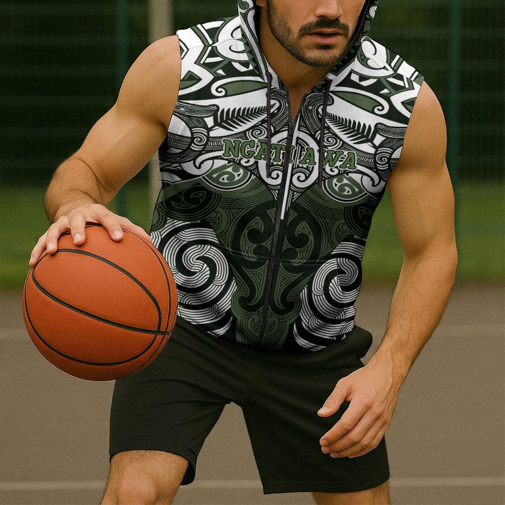 Personalised Maori Ngati Awa Sleeveless Zip Hoodie Silver Fern Kowhaiwhai Art