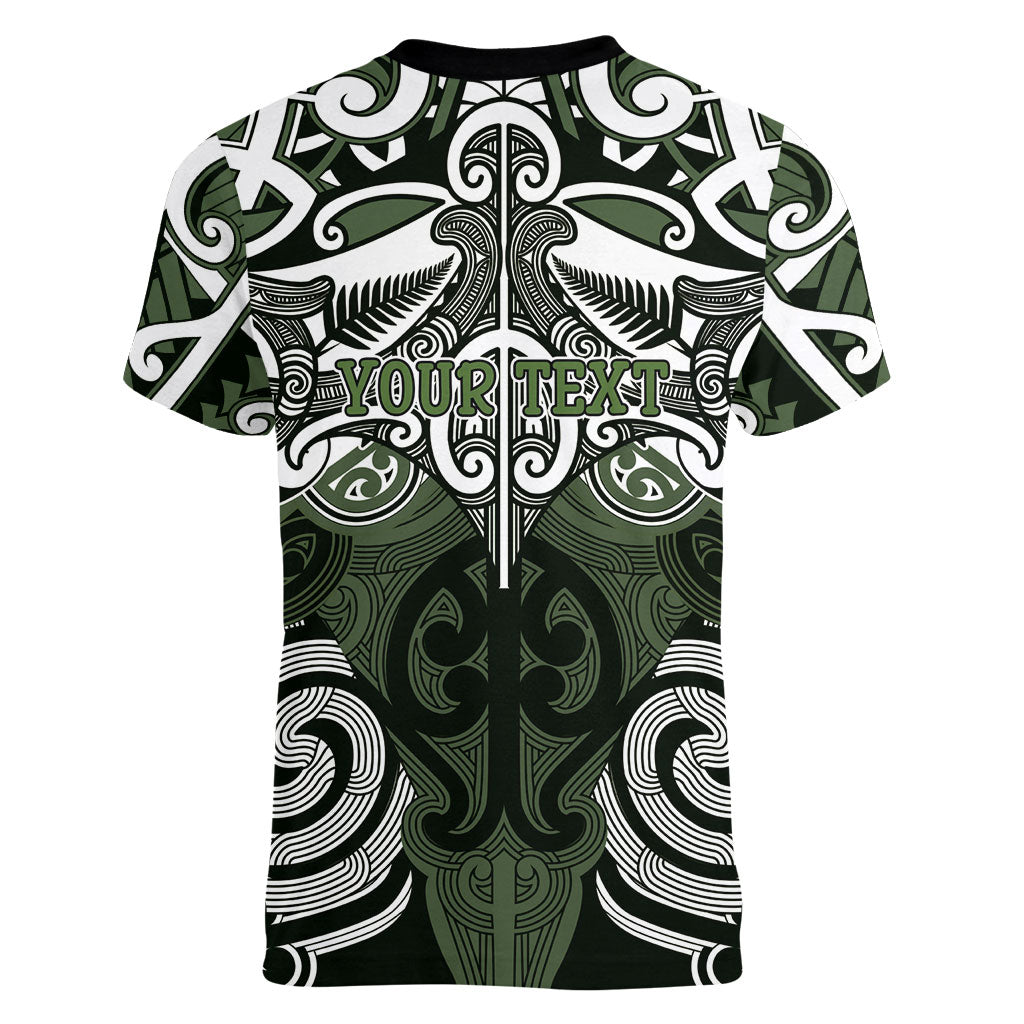 Personalised Maori Ngati Awa Women V-Neck T-Shirt Silver Fern Kowhaiwhai Art