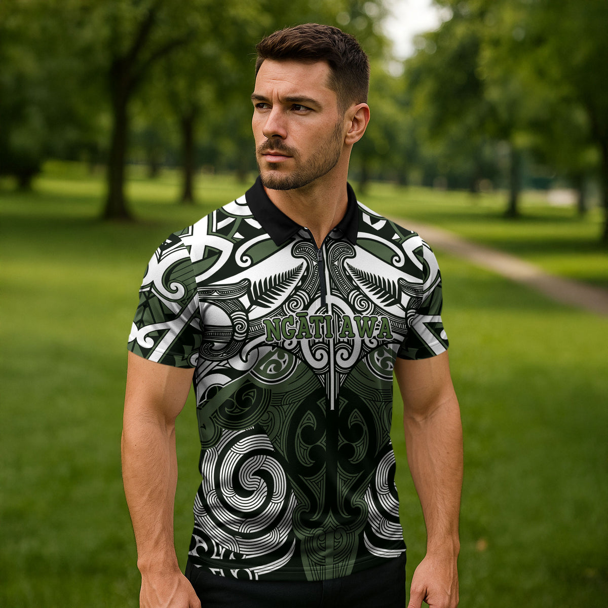 Personalised Maori Ngati Awa Zipper Polo Shirt Silver Fern Kowhaiwhai Art