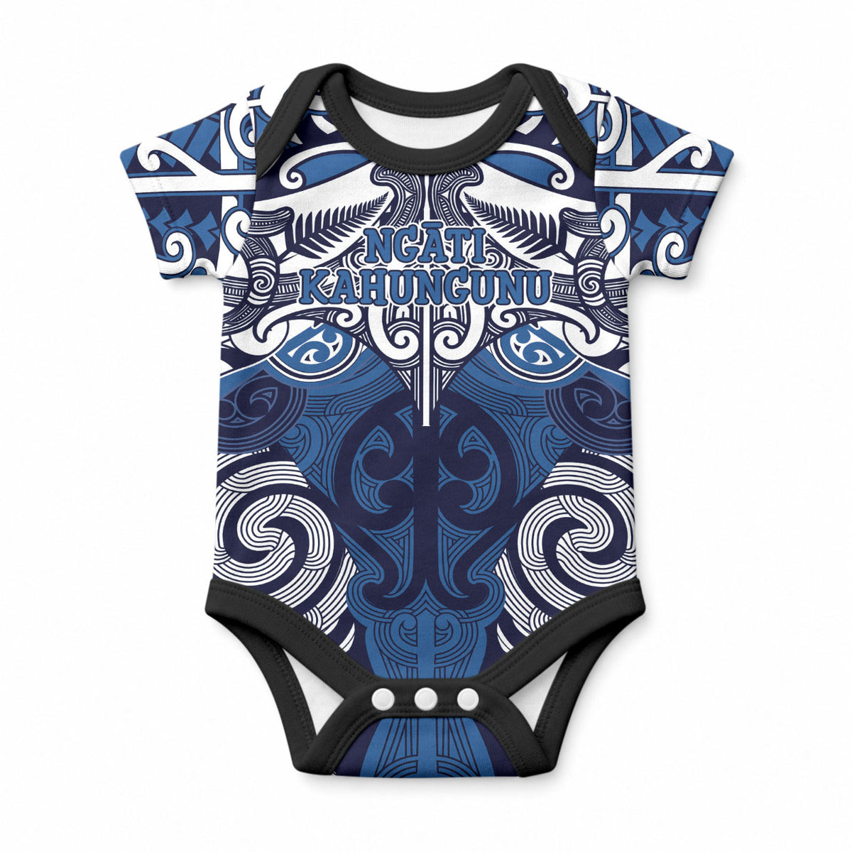 Personalised Maori Ngati Kahungunu Baby Onesie Silver Fern Kowhaiwhai Art