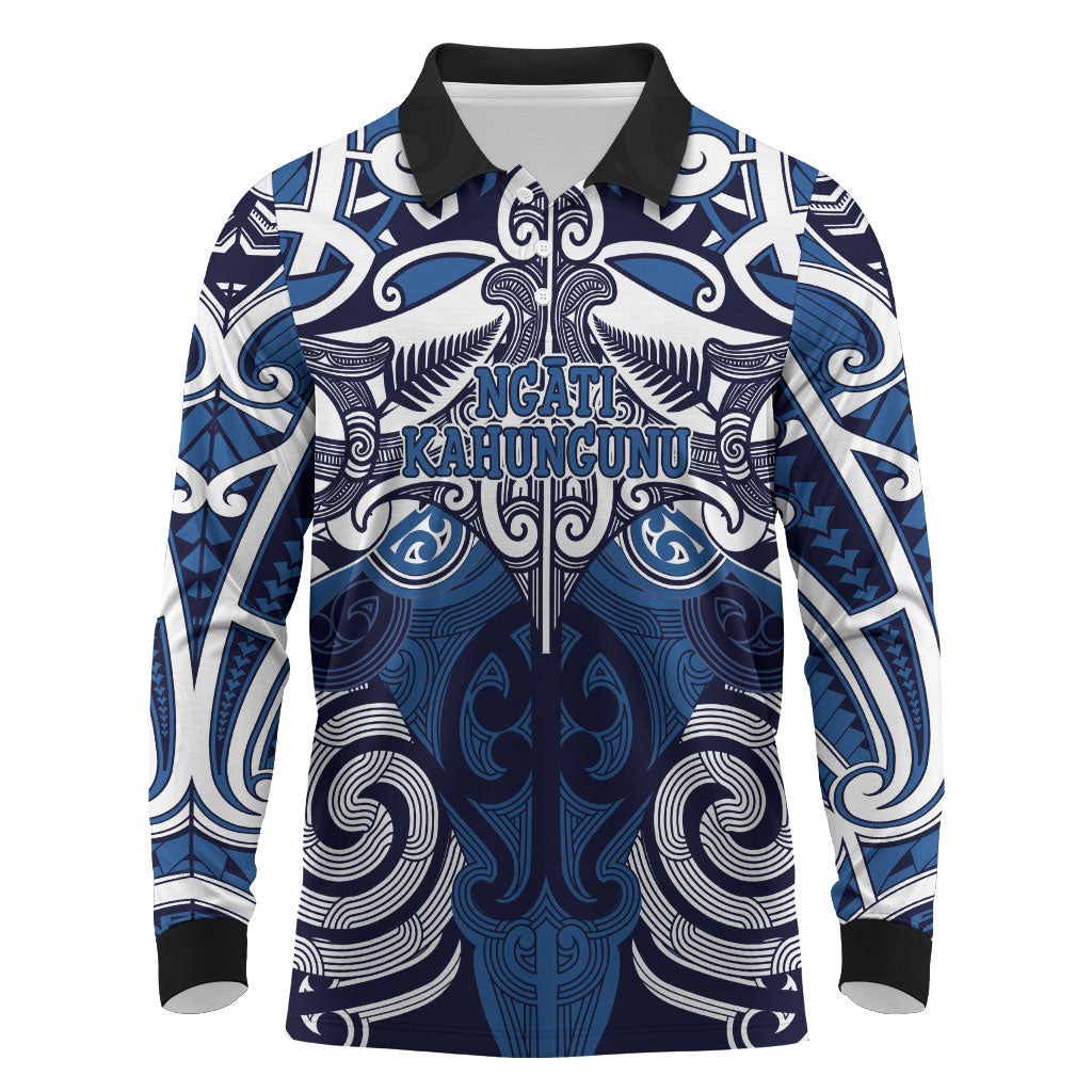 Personalised Maori Ngati Kahungunu Long Sleeve Polo Shirt Silver Fern Kowhaiwhai Art LT01 Blue - Polynesian Pride