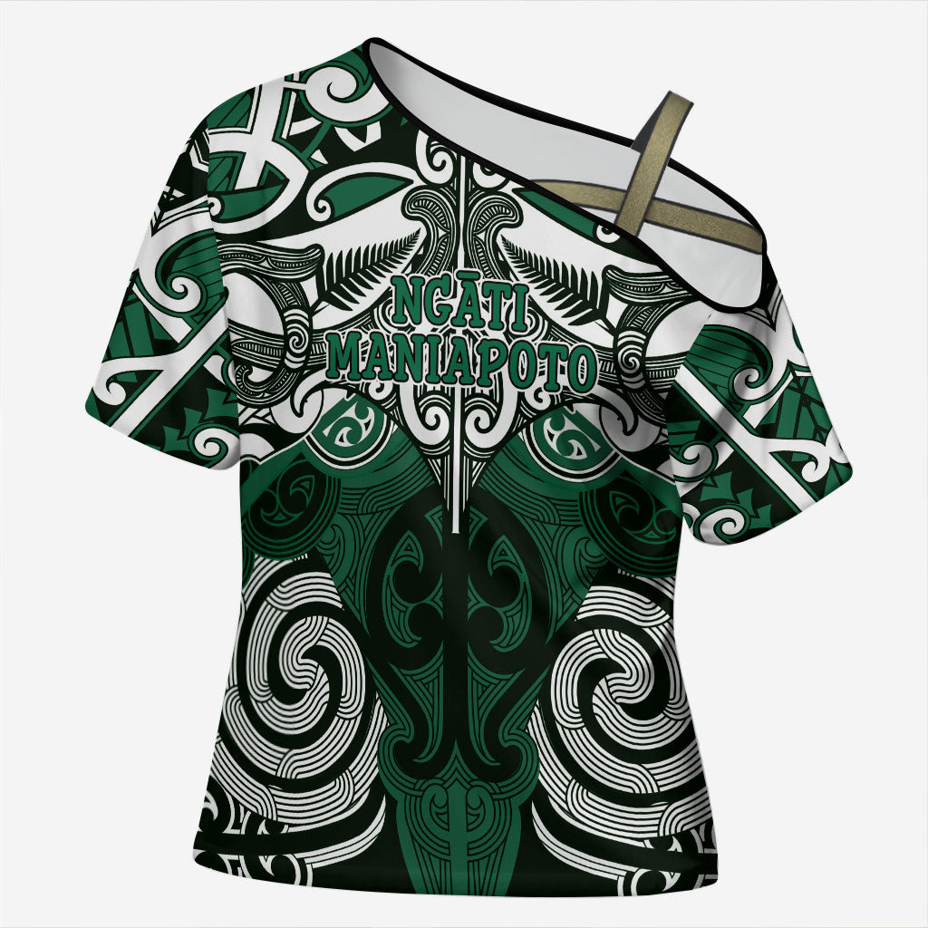 Personalised Maori Ngati Maniapoto Cross Shoulder Shirt Silver Fern Kowhaiwhai Art LT01 Female Green - Polynesian Pride