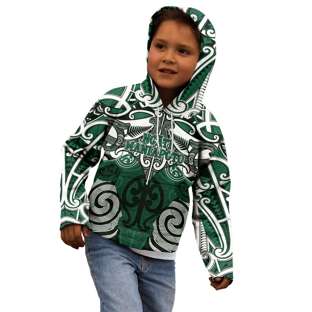Personalised Maori Ngati Maniapoto Kid Hoodie Silver Fern Kowhaiwhai Art