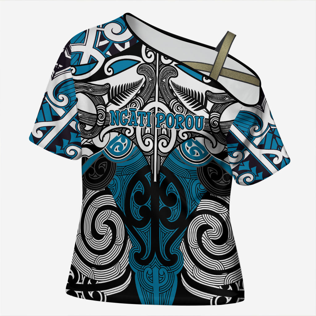 Personalised Maori Ngati Porou Cross Shoulder Shirt Silver Fern Kowhaiwhai Art