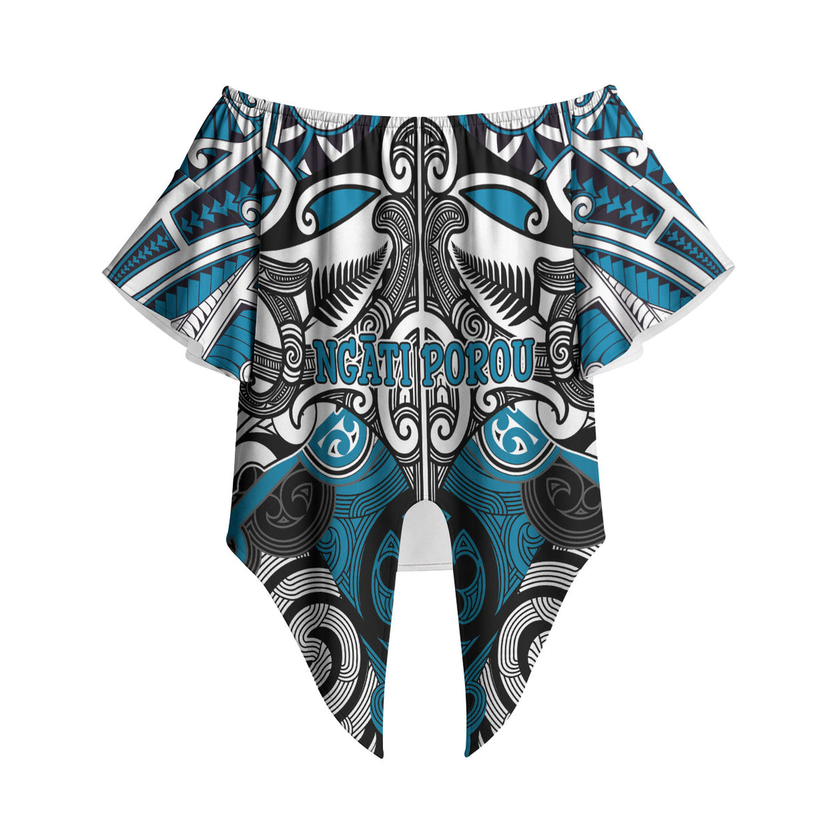 Personalised Maori Ngati Porou Off Shoulder Wrap Waist Top Silver Fern Kowhaiwhai Art