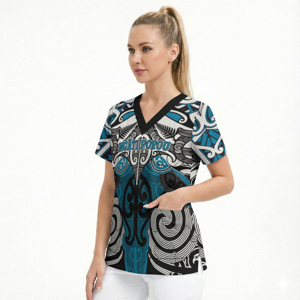Personalised Maori Ngati Porou Scrub Top Silver Fern Kowhaiwhai Art LT01 - Polynesian Pride