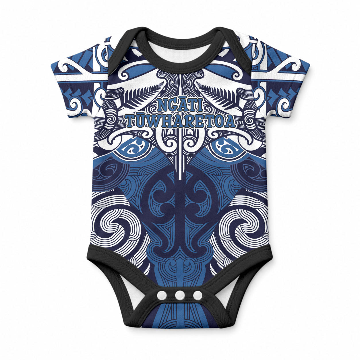 Personalised Maori Ngati Tuwharetoa Baby Onesie Silver Fern Kowhaiwhai Art