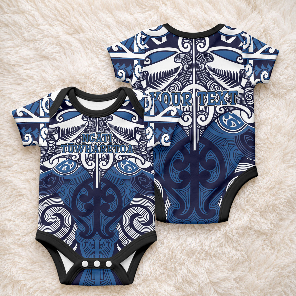 Personalised Maori Ngati Tuwharetoa Baby Onesie Silver Fern Kowhaiwhai Art
