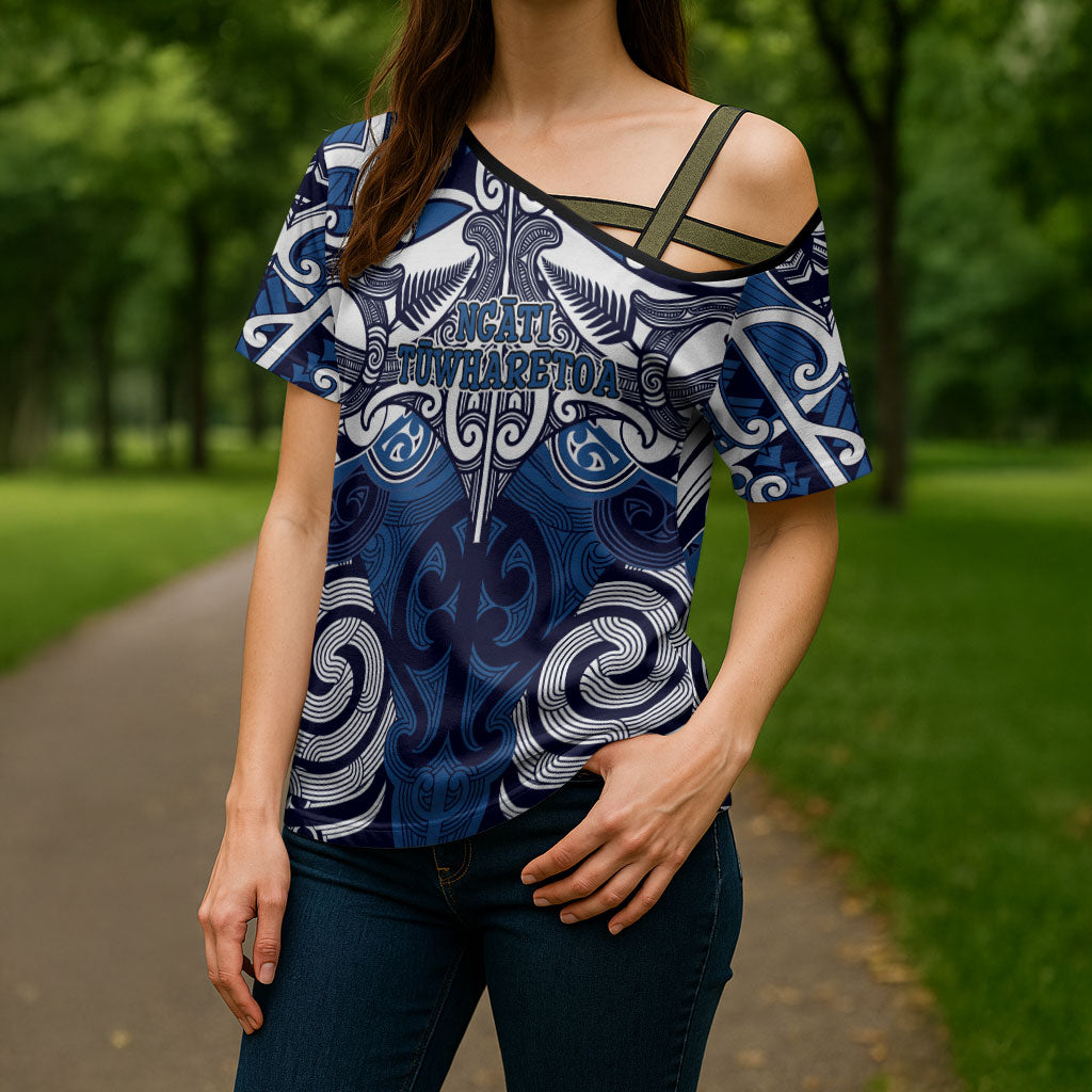 Personalised Maori Ngati Tuwharetoa Cross Shoulder Shirt Silver Fern Kowhaiwhai Art