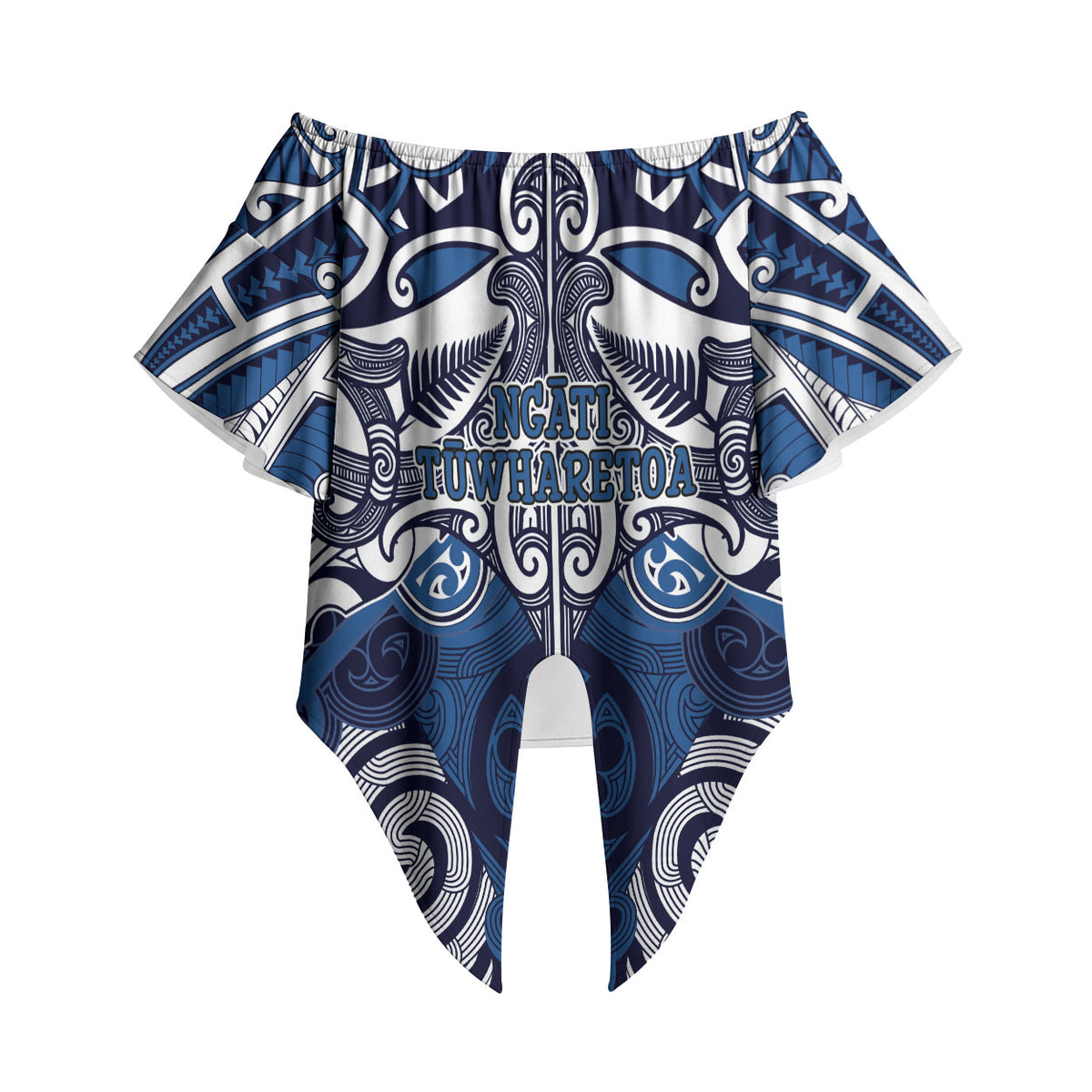 Personalised Maori Ngati Tuwharetoa Off Shoulder Wrap Waist Top Silver Fern Kowhaiwhai Art