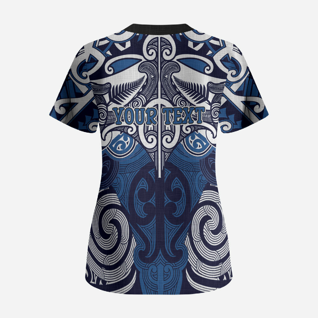 Personalised Maori Ngati Tuwharetoa Scrub Top Silver Fern Kowhaiwhai Art