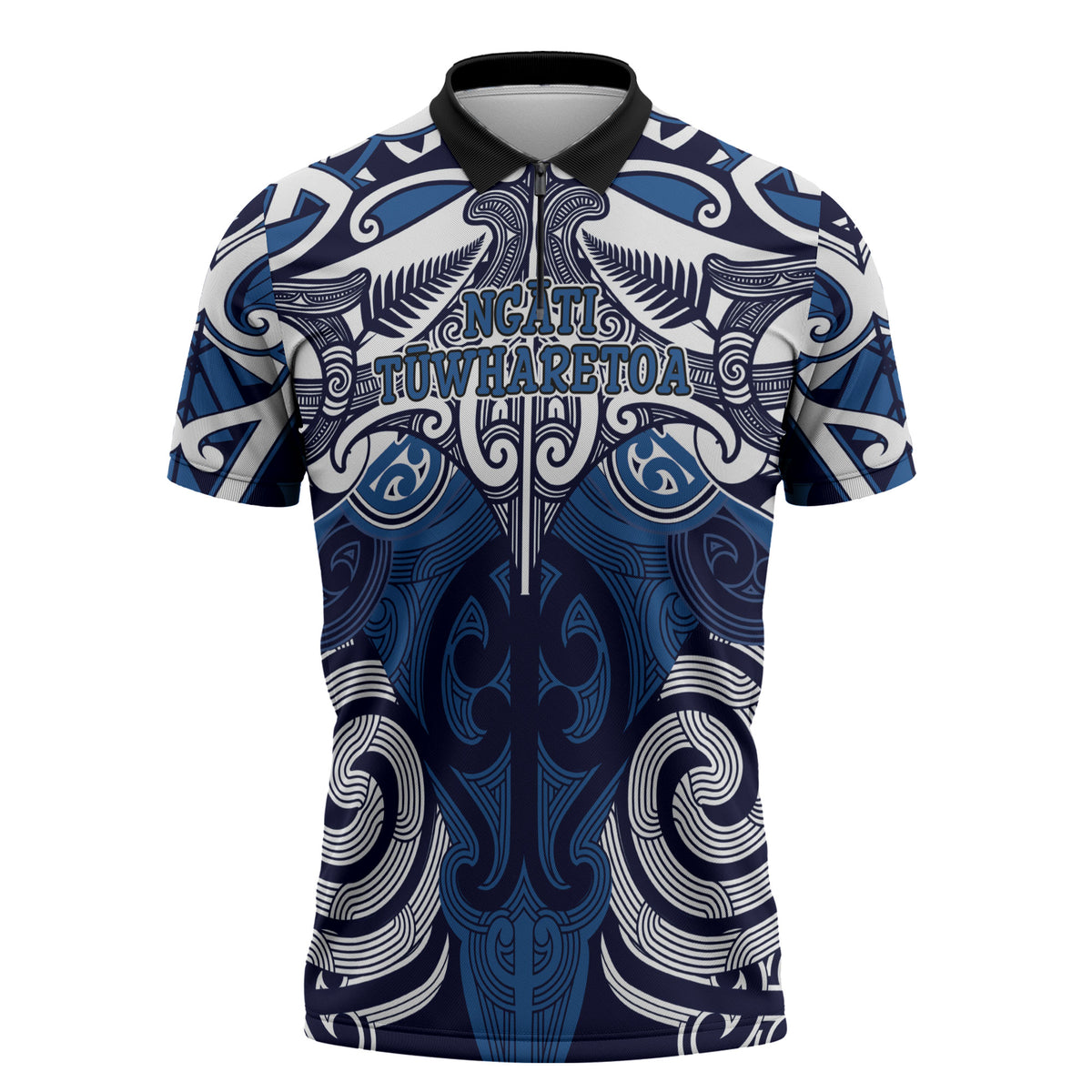 Personalised Maori Ngati Tuwharetoa Zipper Polo Shirt Silver Fern Kowhaiwhai Art