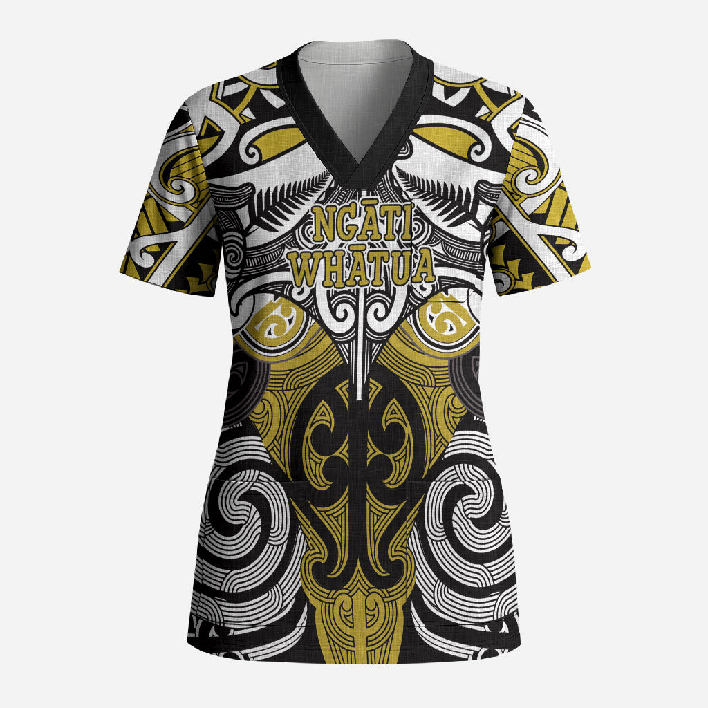 Personalised Maori Ngati Whatua Scrub Top Silver Fern Kowhaiwhai Art