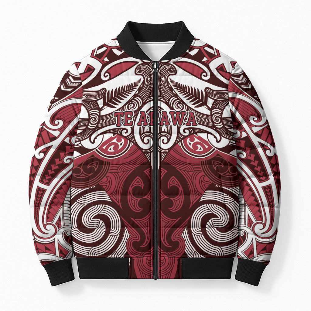 Personalised Maori Te Arawa Bomber Puffer Jacket Silver Fern Kowhaiwhai Art