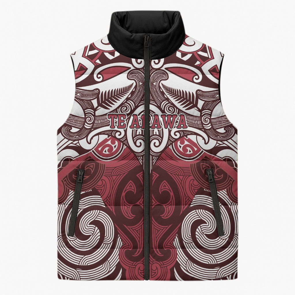 Personalised Maori Te Arawa Sleeveless Puffer Jacket Silver Fern Kowhaiwhai Art LT01 Unisex Red - Polynesian Pride